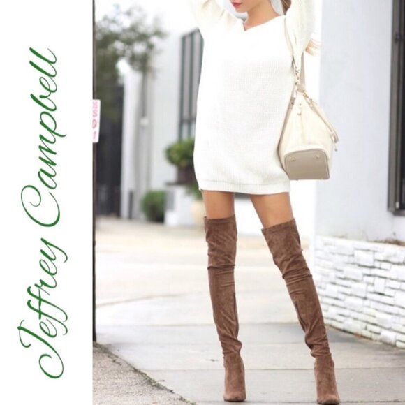 NWT JEFFREY CAMPBELL Perouze Over-The-Knee Faux Suede Block Heel Boots Taupe 8.5 - Picture 16 of 16